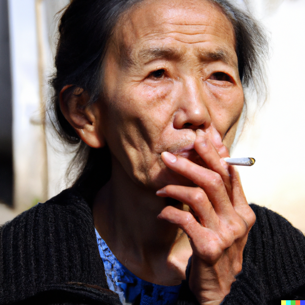 DALL·E 2023-04-15 19.23.15 - A skinny, grizzly old Chinese woman smoking a cigarette..png